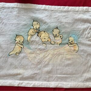 Vintage Kewpie Embroidered & Painted Linen – Nursery Decor / Collectible